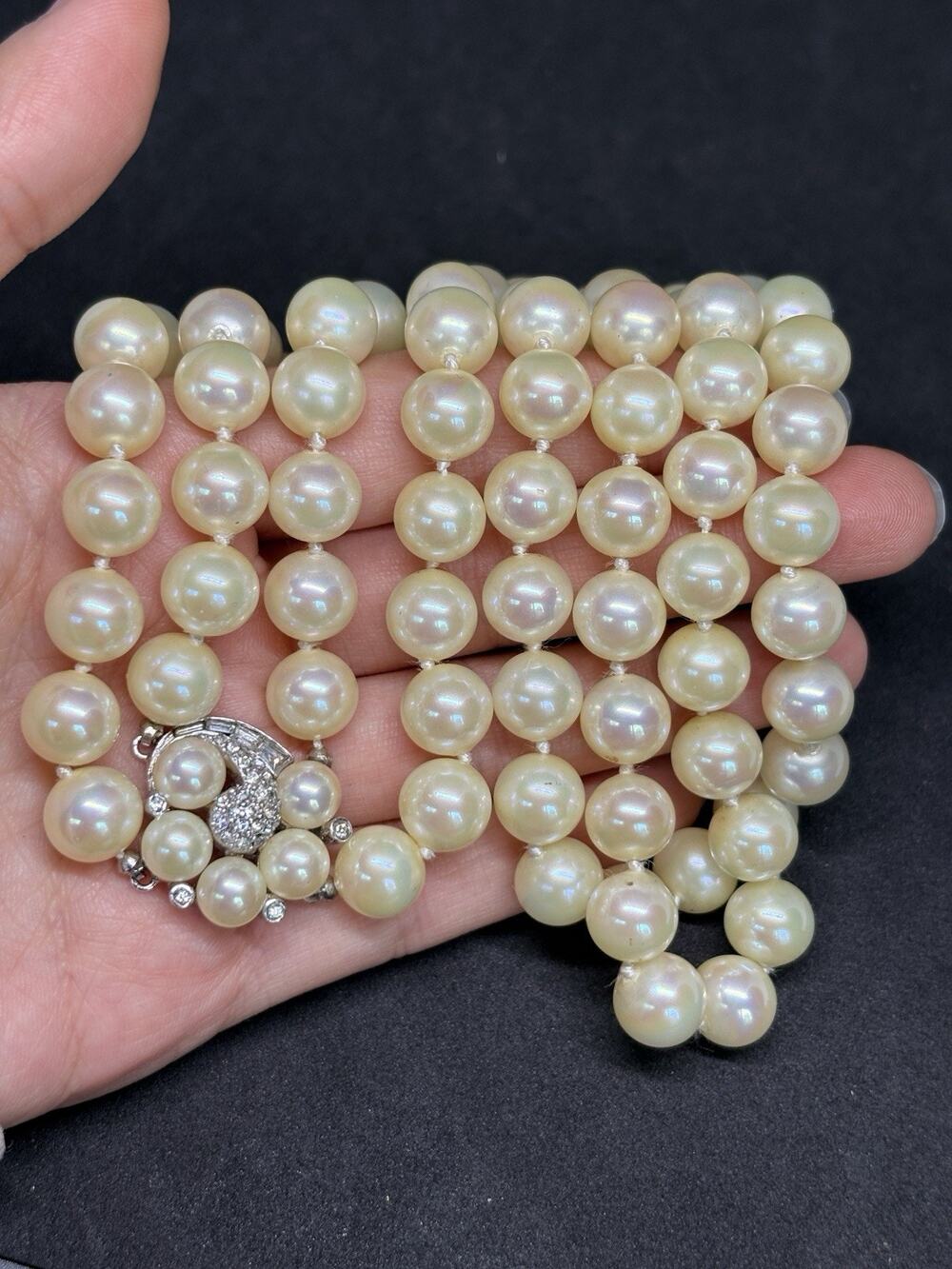 Vintage Signed Ciner Double Strand Faux Pearl Rhinestone Clasp Necklace